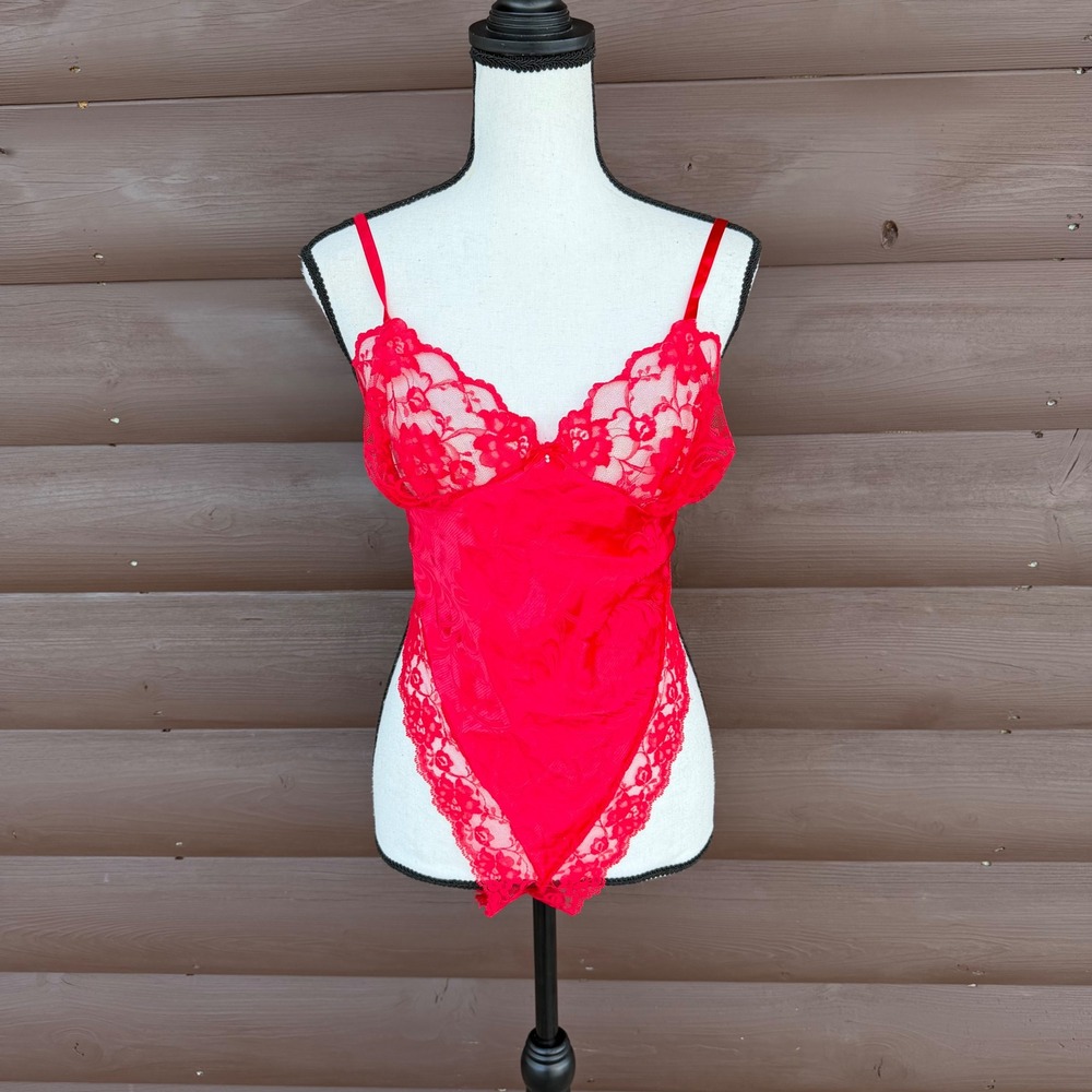 Vintage Intimate Moods Red Lace Teddy Bodysuit L Large Made in USA High Cut 80s